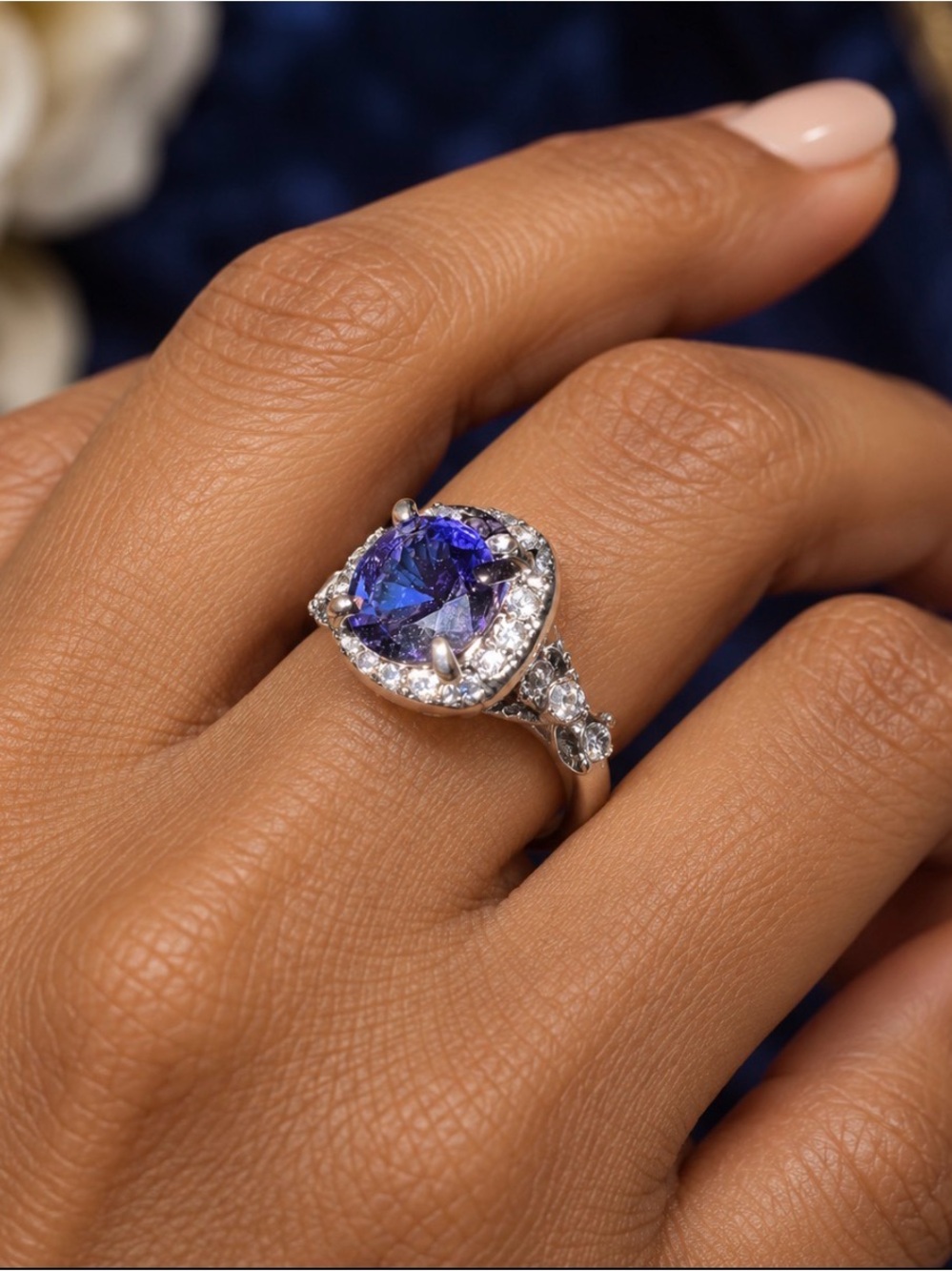 Tanzanite Halo Solitaire Ring in Purple and White